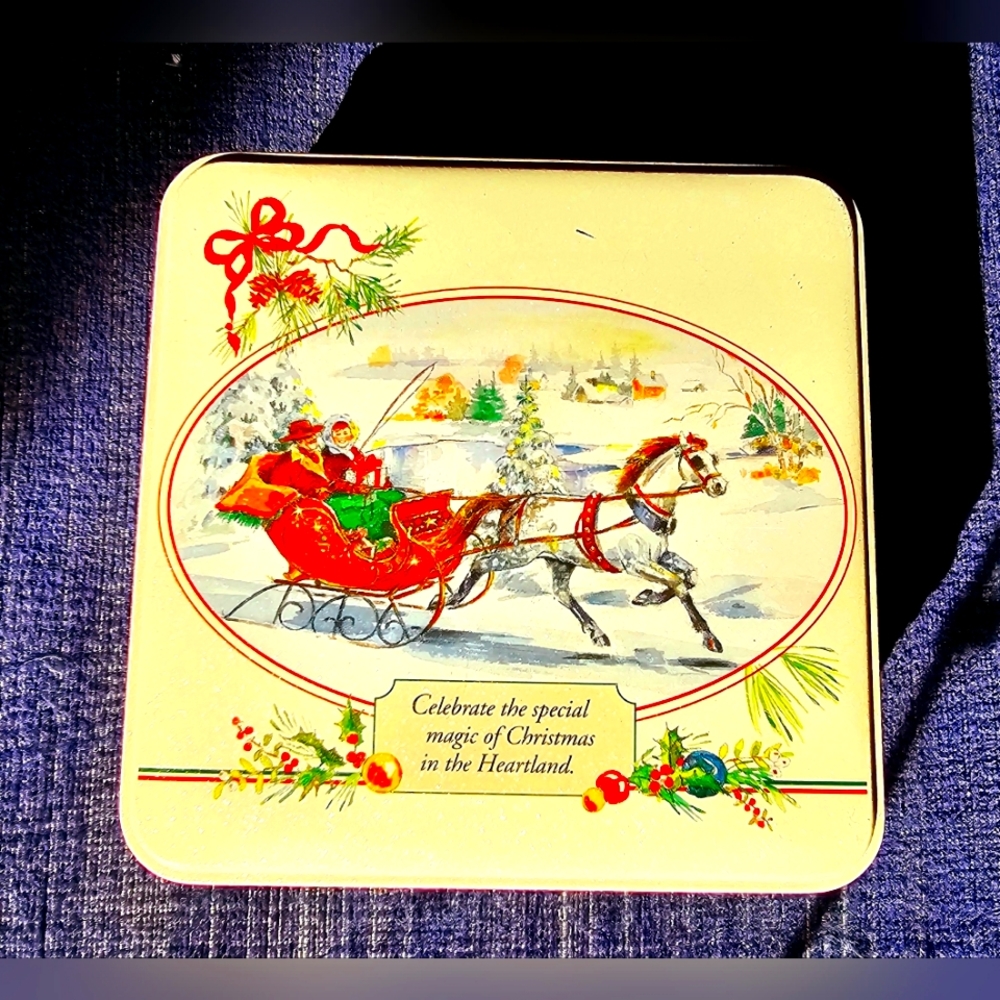Vintage tin cream Christmas, holiday candy box, gift box, Xmas decor, festive,